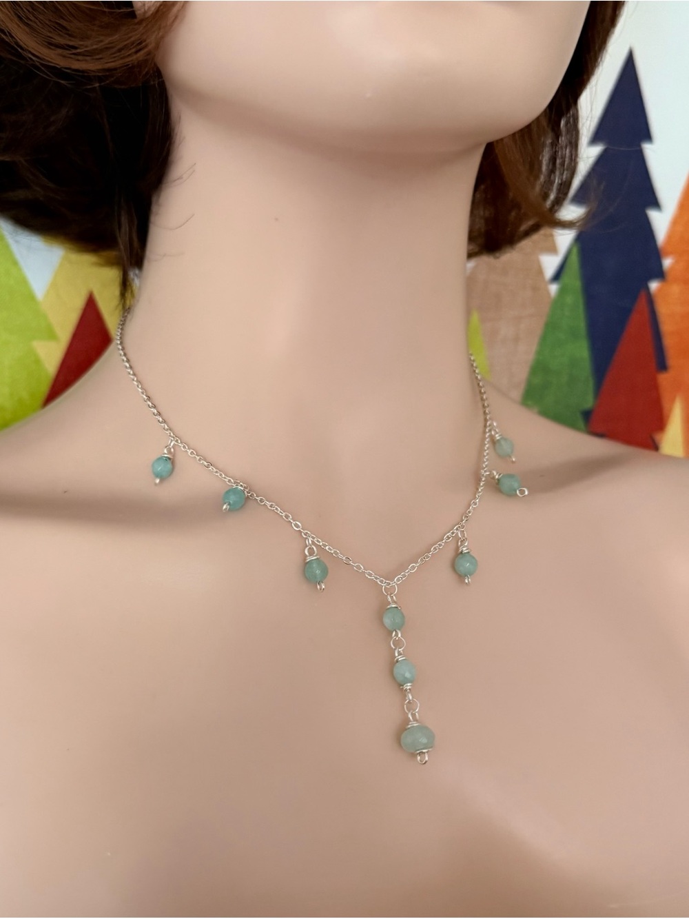 Aqua Chalcedony Gemstone Charm Lariat Necklace - Picture 2 of 2
